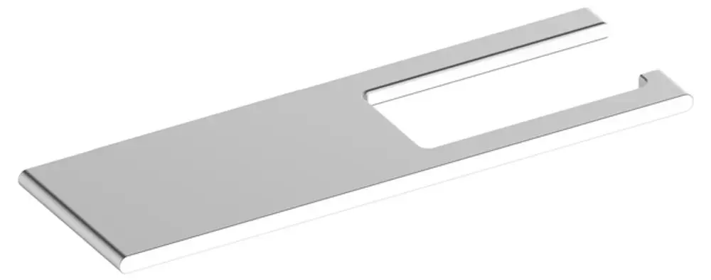 Silberne Ablageplatte aus Aluminium, gestaltet für die Verwendung mit einem Toilettenpapierhalter der Marke Keuco. Flache, rechteckige Form mit einer Aussparung.